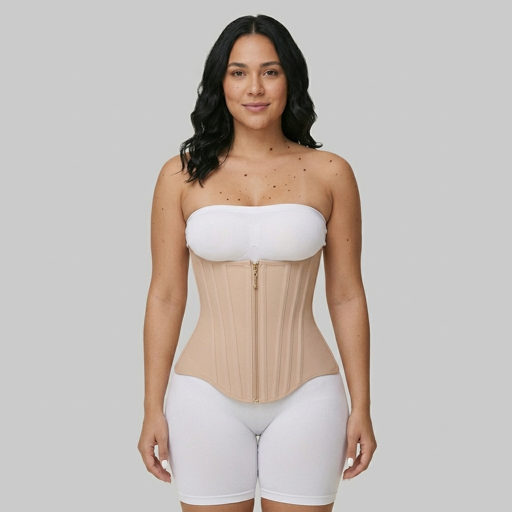 Woman wearing a beige waist trainer over a white strapless top and shorts on a gray background